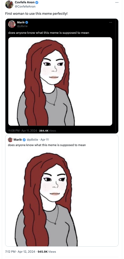 cartoon - Covfefe Anon First woman to use this meme perfectly! Mari does anyone know what this meme is supposed to mean Views Mari Apr 11 does anyone know what this meme is supposed to mean Views